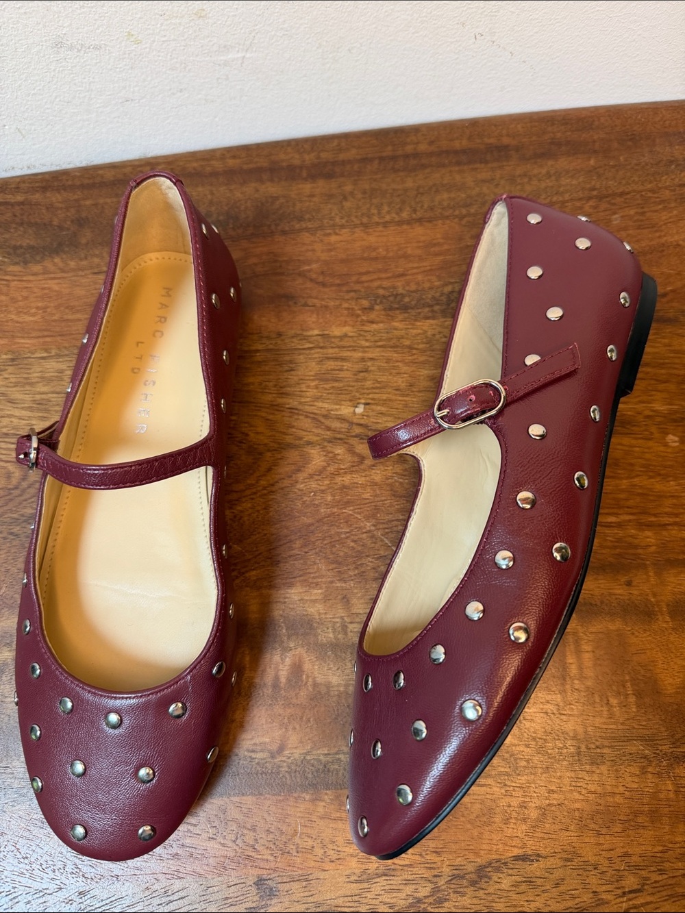 Marc Fisher LTD Elizza Wine Leather Mary Jane Flats with Silver Studs 6.5